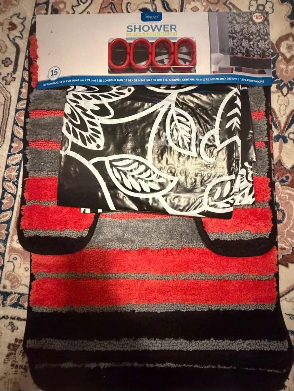 Shower Bath Rug & Contour Set - Red, Gray, Black